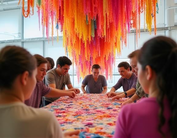 Community group working on a collaborative textile installation at Weave & Bloom Collective Dublin