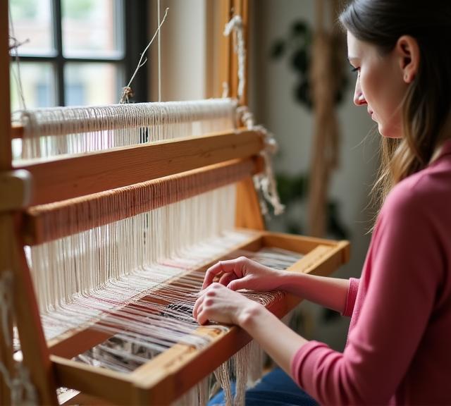 Artisan working at a weaving loom inside Weave & Bloom Collective studio in Temple Bar, Dublin