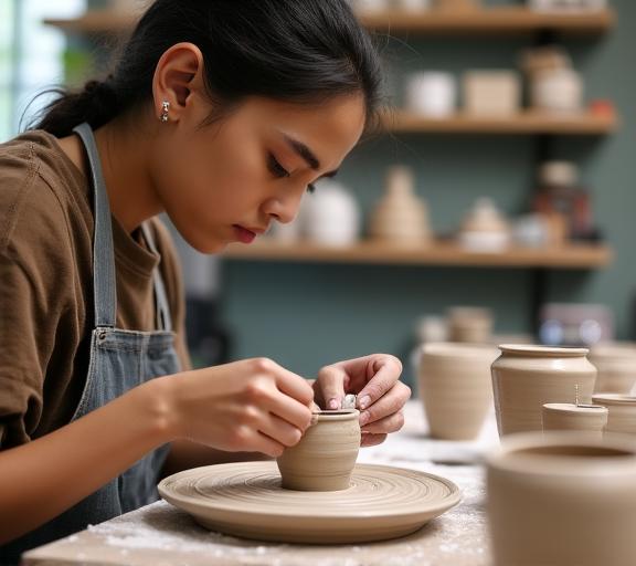 Emerging maker working on handmade ceramics at Weave & Bloom Collective skill development program